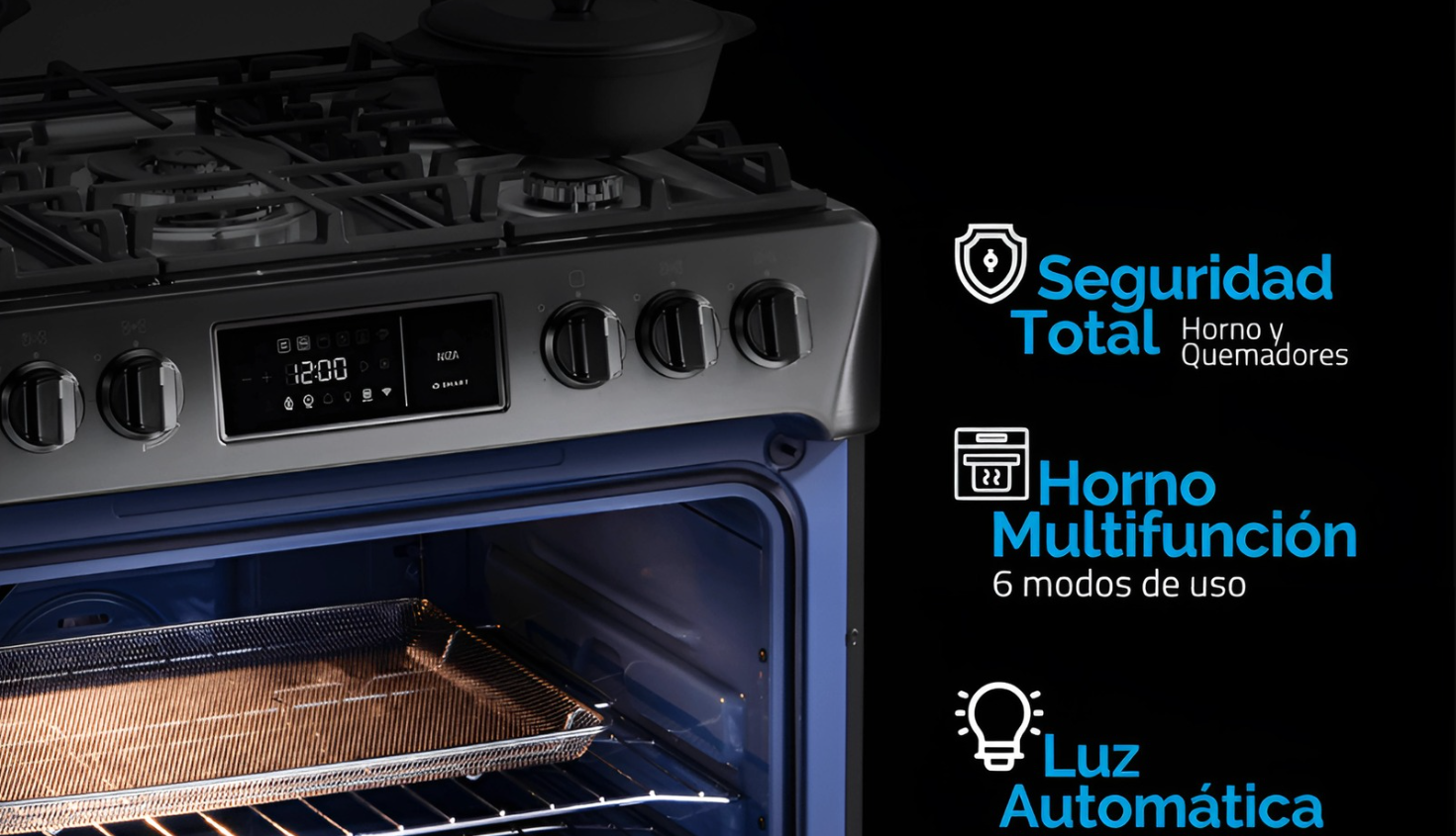 Cocina INDURAMA a gas, Niza Zafiro 5 quemadores 30" Negro