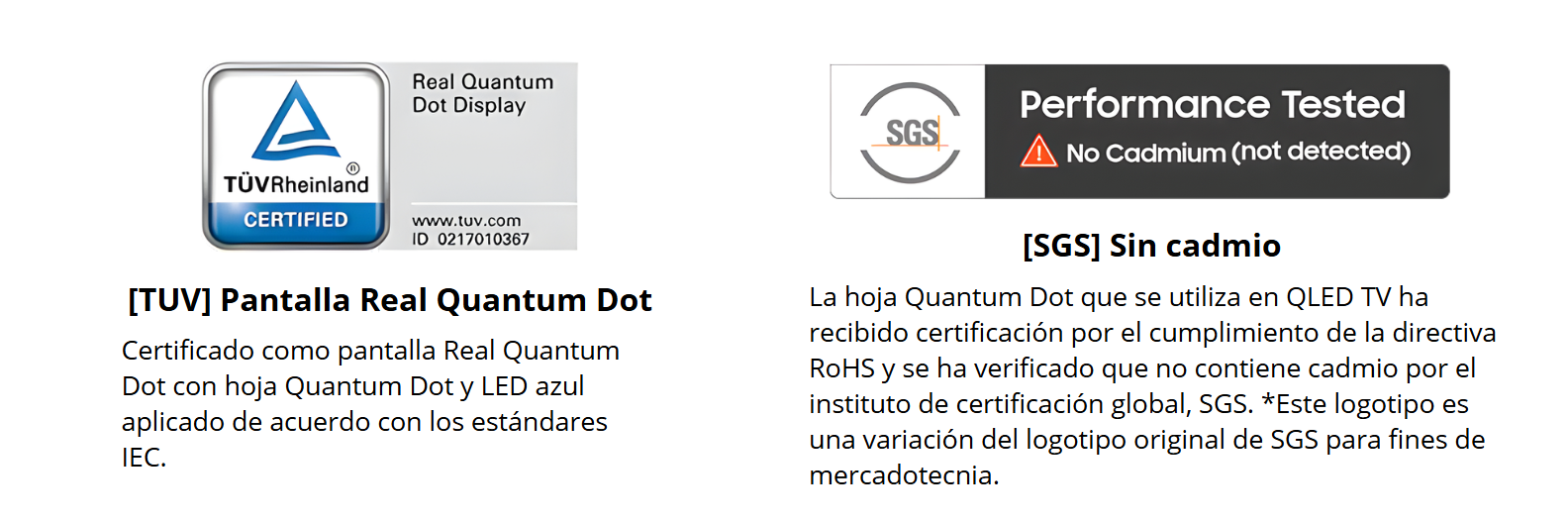 Certificaciones detalladas TÜV Rheinland para Pantalla Real Quantum Dot y SGS Sin Cadmio para Samsung QLED QN65Q7FAAPCZE.