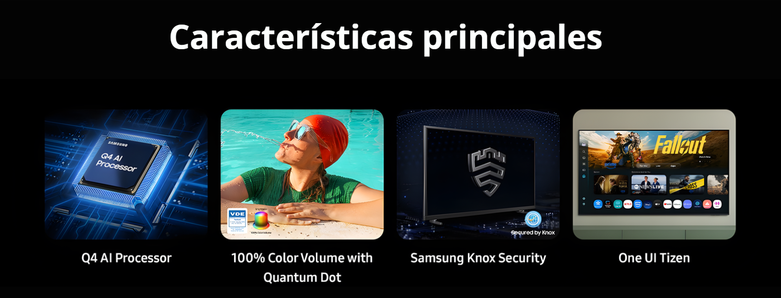 Infografía de características principales del Samsung QLED QN65Q7FAAPCZE: Procesador Q4 AI, 100% Volumen de Color, Seguridad Samsung Knox y Sistema One UI Tizen.