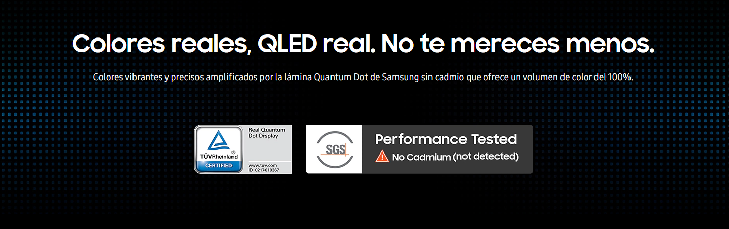 Banner promocional de Samsung QLED QN65Q7FAAPCZE con sellos de certificación TÜV Rheinland y SGS libre de cadmio.