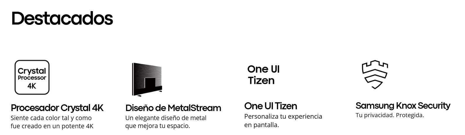 Características destacadas del televisor Samsung Crystal UN75U8000: Procesador 4K, Diseño MetalStream, One UI Tizen y Samsung Knox Security.