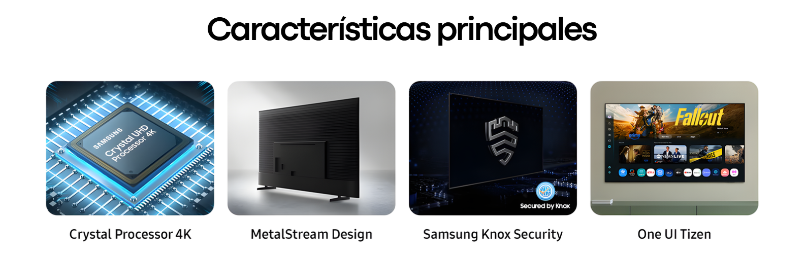 Infografía de características principales Samsung Crystal UHD UN70U8000: Crystal Processor 4K, MetalStream Design, Samsung Knox Security y One UI Tizen.