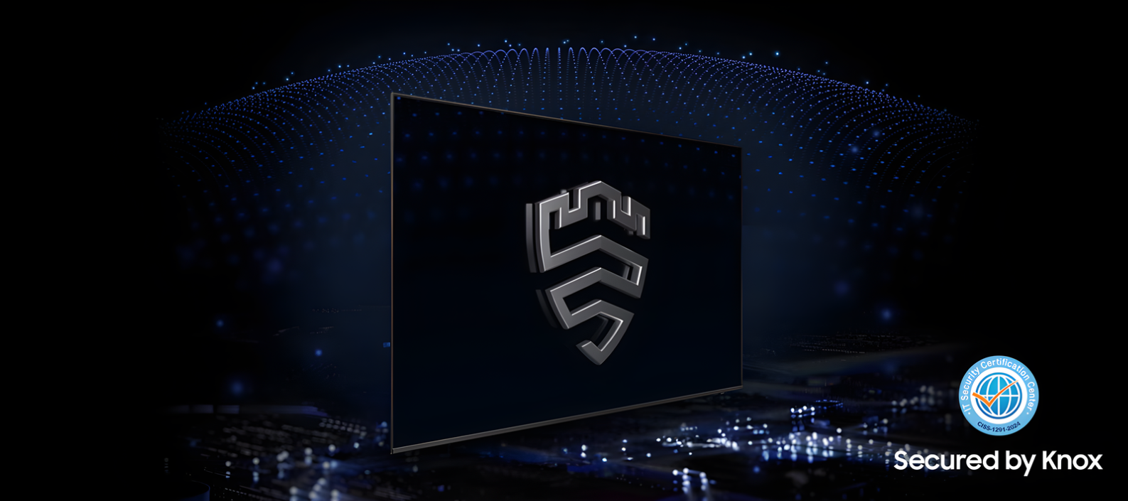 Escudo de seguridad Samsung Knox protegiendo la pantalla del televisor UN75U8000PCZE contra amenazas digitales.
