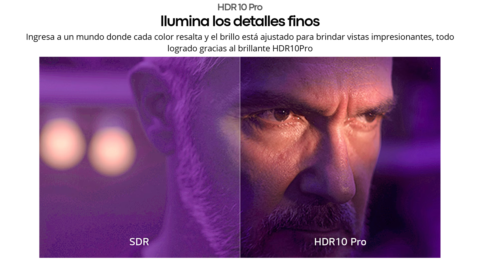 Comparativa de imagen entre tecnología SDR y HDR10 Pro en el televisor LG 43LR6700PSA resaltando detalles finos y brillo.