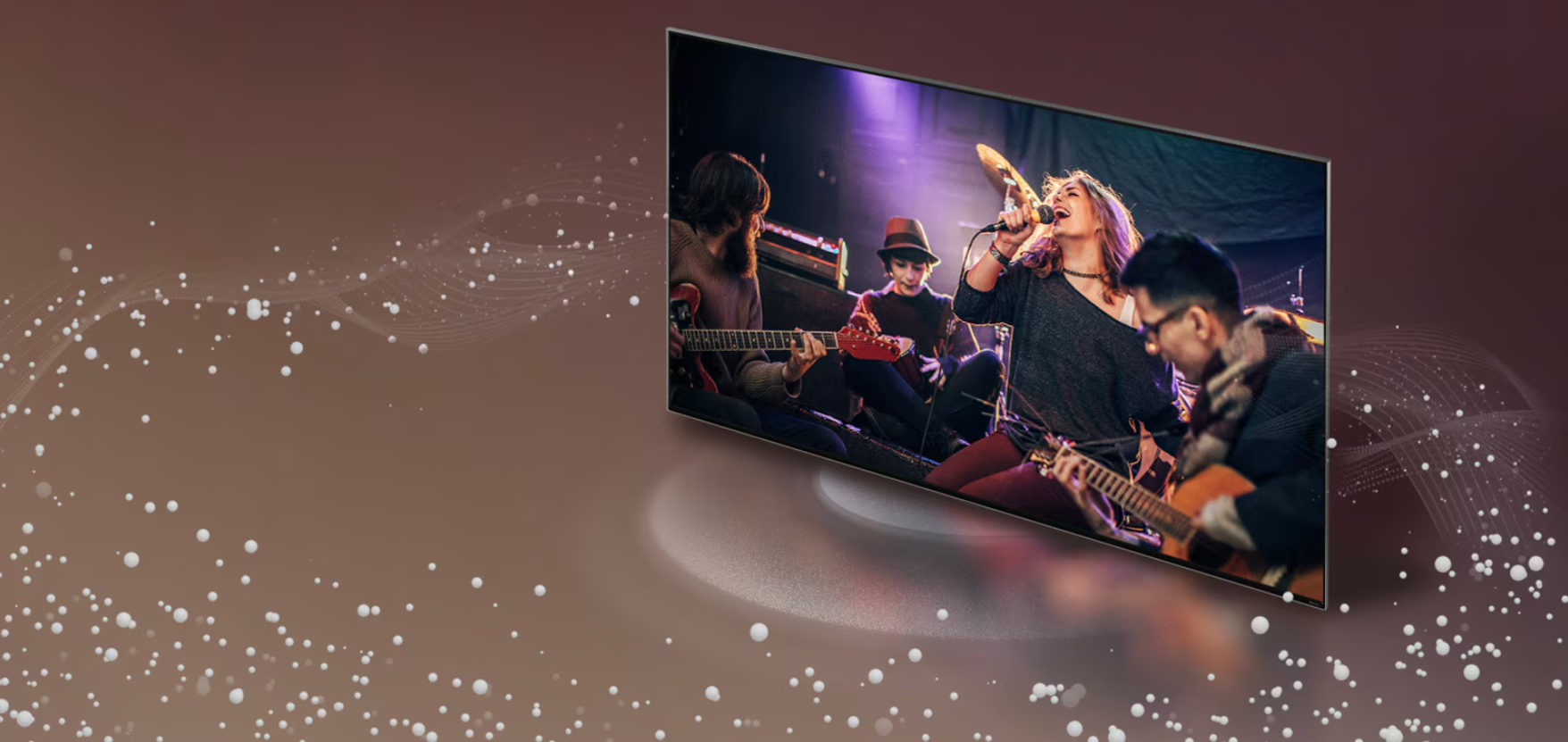 Representación de sonido envolvente virtual 5.1 en el televisor LG 43LR6700PSA mostrando ondas de audio expansivas.