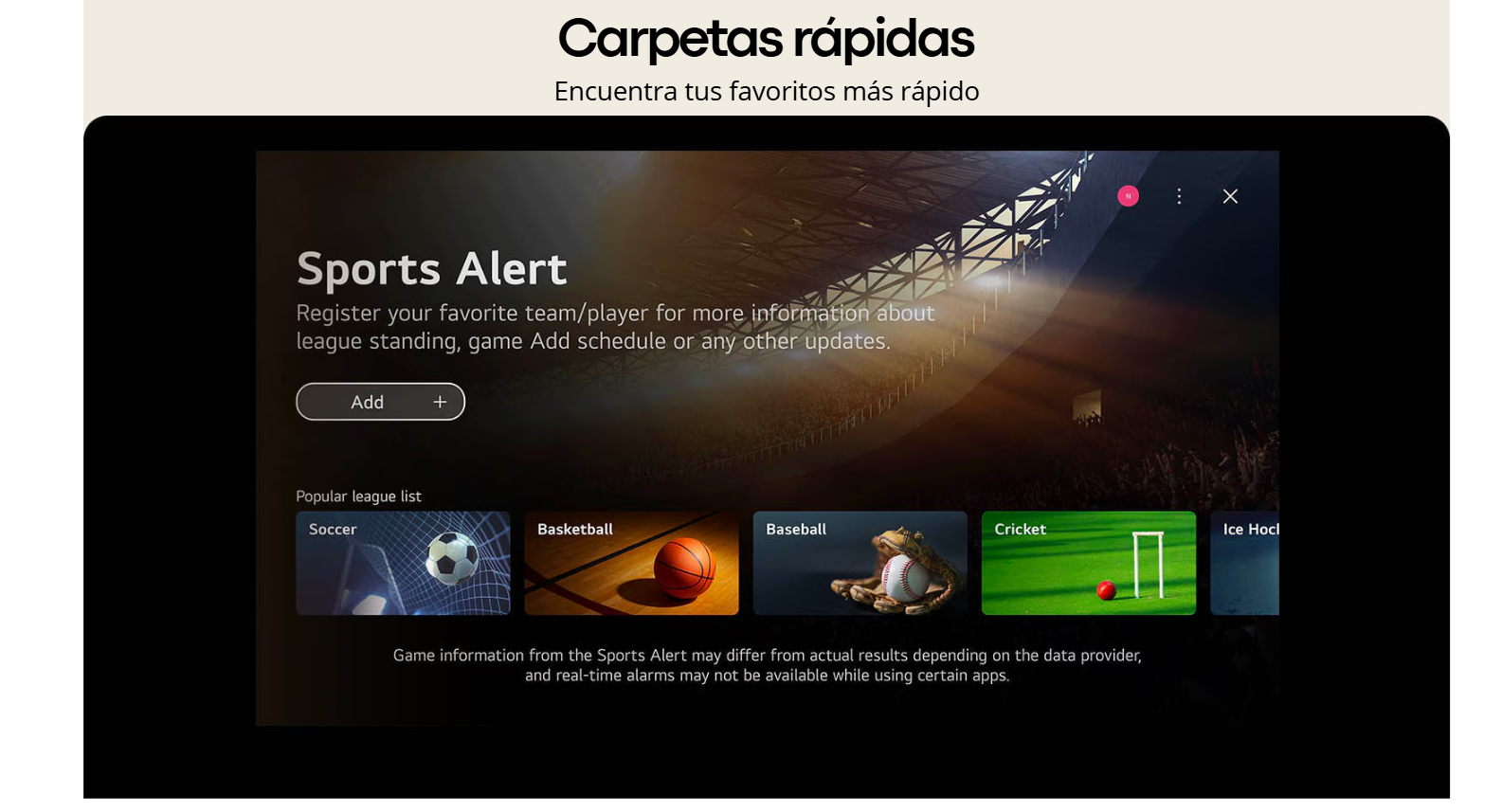 Función Sports Alert y Carpetas rápidas en el televisor LG 43LR6700PSA para seguimiento de resultados deportivos en vivo.