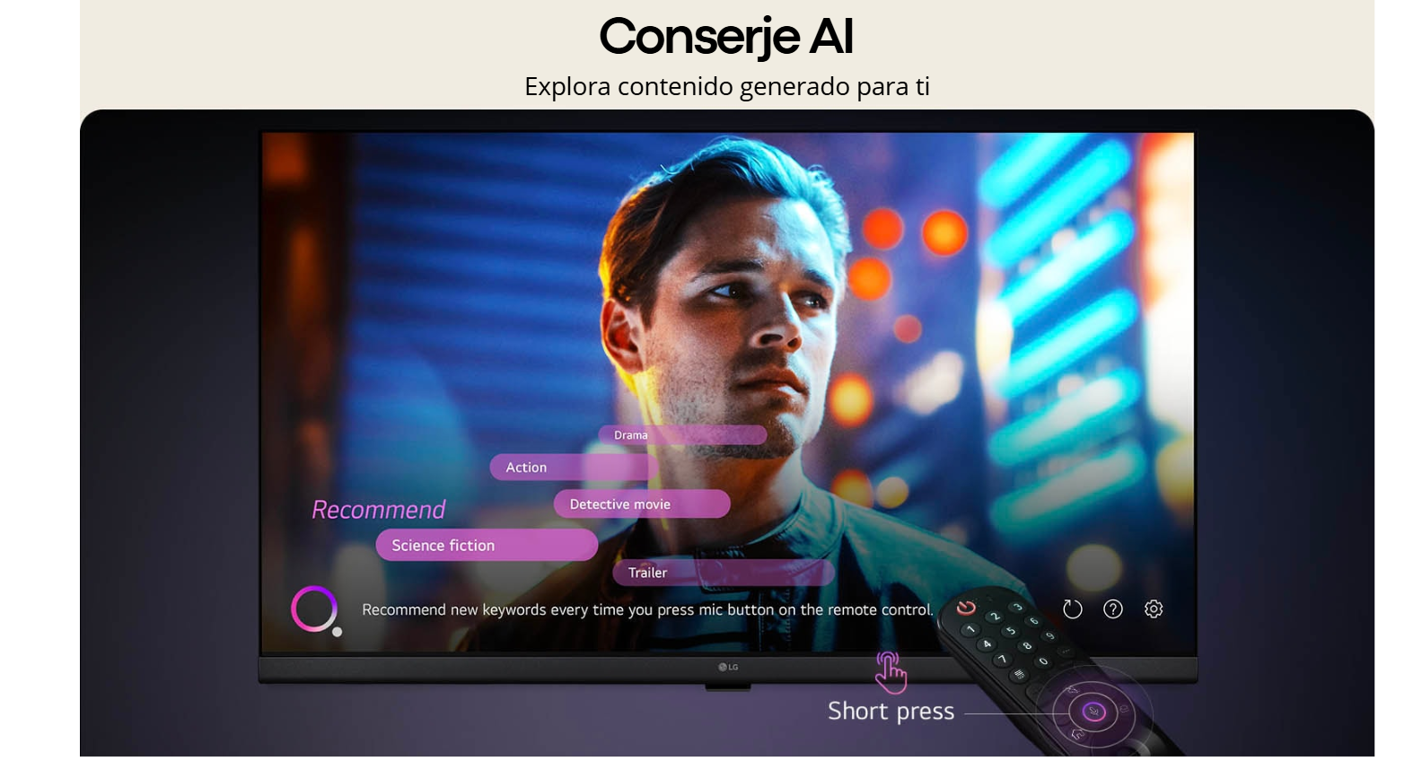 Función Conserje AI en el televisor LG 43LR6700PSA para recomendaciones personalizadas de películas y series mediante comandos de voz.