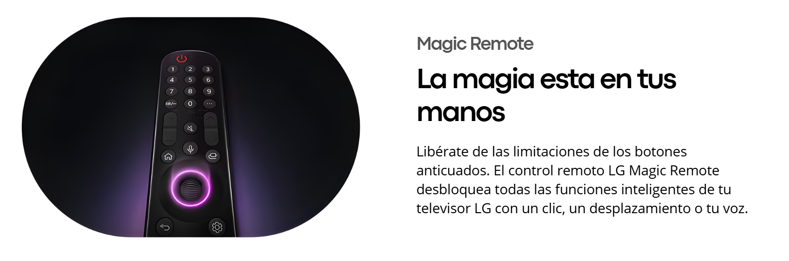 Control remoto LG Magic Remote para el televisor 43LR6700PSA con puntero, rueda de desplazamiento y comandos de voz.