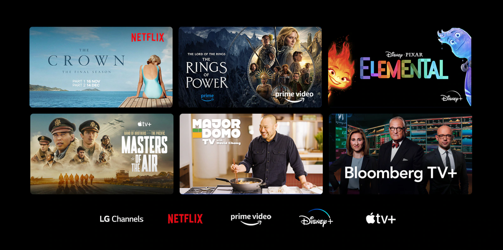 Aplicaciones de streaming en LG 43LR6700PSA: Netflix, Prime Video, Disney+, Apple TV+ y LG Channels con acceso directo.