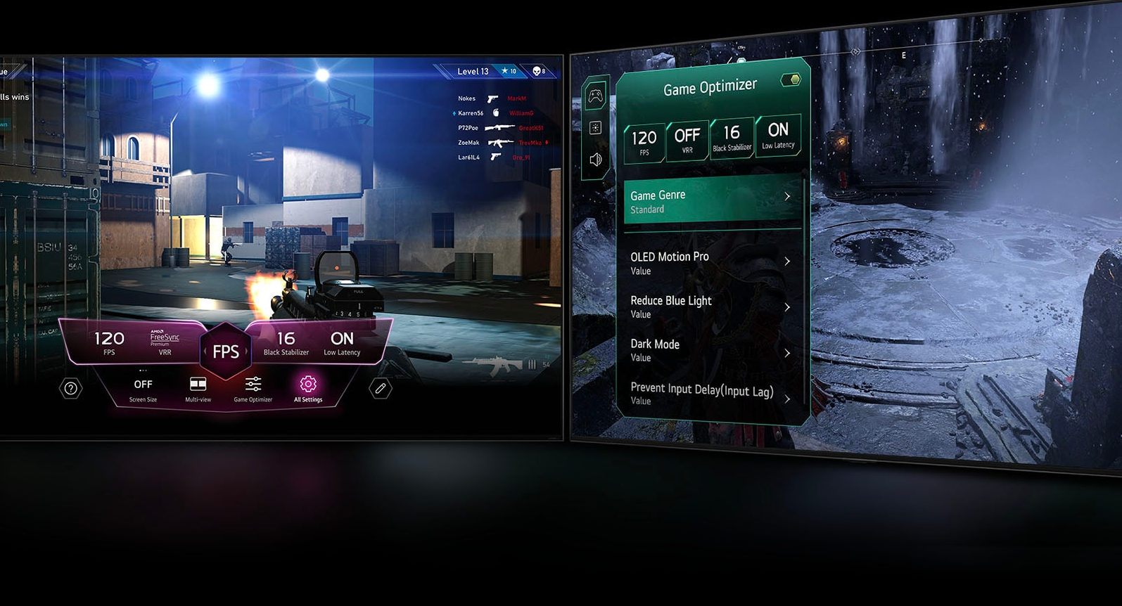 Interfaz de Game Optimizer y Game Dashboard en el televisor LG 43LR6700PSA con ajustes de FPS y estabilizador de negros.