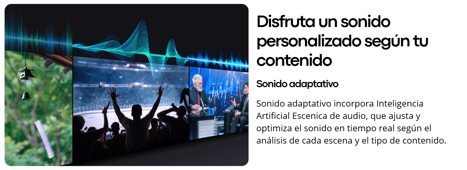 Tecnología de Sonido Adaptativo con Inteligencia Artificial Escénica en Samsung UN65U8000PCZE para optimizar el audio en tiempo real según el contenido.