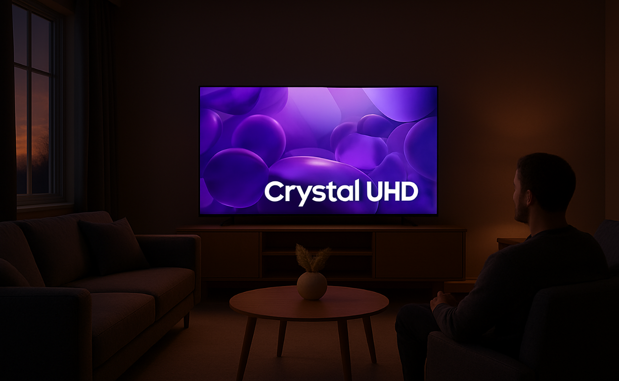 Televisor Samsung Crystal UHD de 55 pulgadas UN55U8000FPCZE montado sobre mueble de sala moderno.
