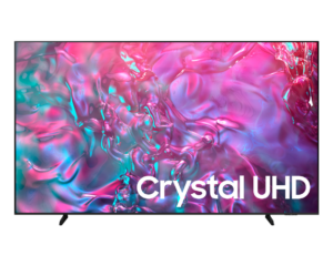 Televisor de pantalla gigante Samsung Crystal UHD 4K de 98 pulgadas modelo UN98DU9000PXPA con fondo abstracto rosa y turquesa.
