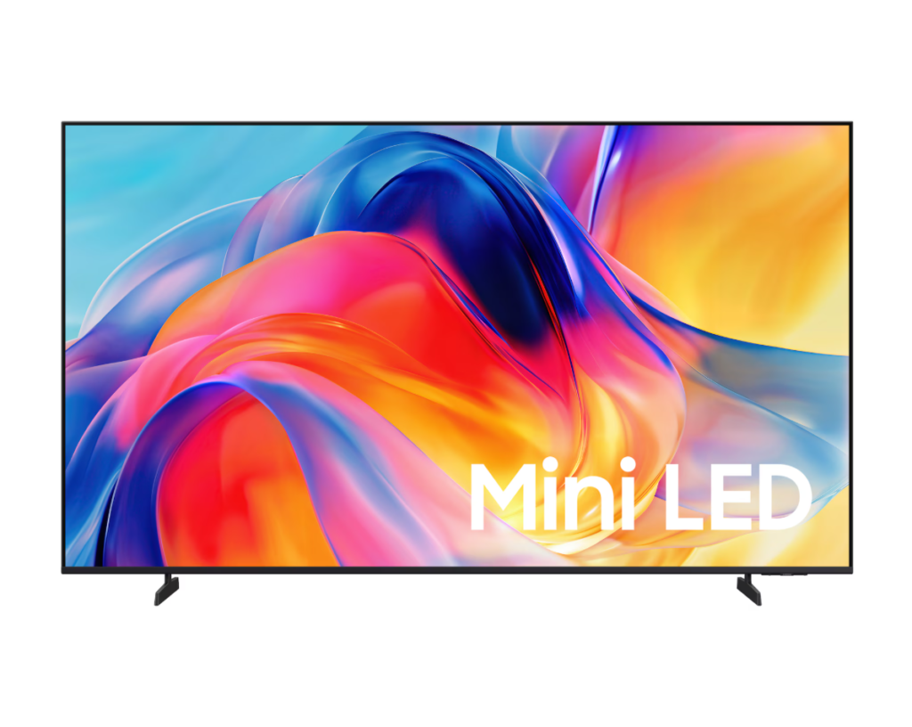 Televisor Samsung UN75M70HAPXPA Mini LED M70H de 75 pulgadas con pantalla encendida mostrando colores abstractos brillantes y el texto Mini LED.
