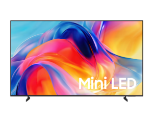 Televisor Samsung UN75M70HAPXPA Mini LED M70H de 75 pulgadas con pantalla encendida mostrando colores abstractos brillantes y el texto Mini LED.