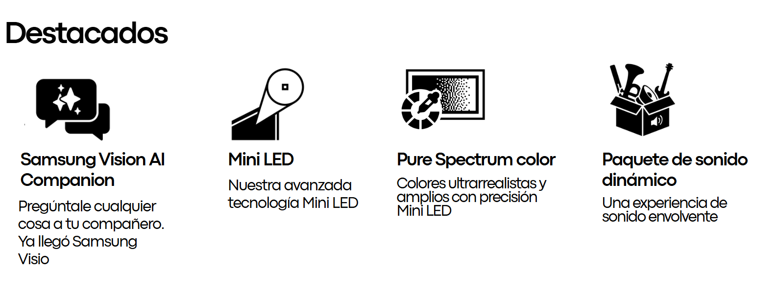 Infografía de características destacadas del televisor Samsung UN75M70HAPXPA que incluye Samsung Vision AI Companion, Mini LED, Pure Spectrum Color y Paquete de sonido dinámico.