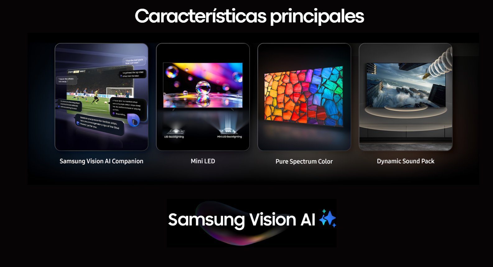 Infografía visual de características principales del televisor Samsung UN75M70HAPXPA destacando Samsung Vision AI Companion, Mini LED, Pure Spectrum Color y Dynamic Sound Pack.