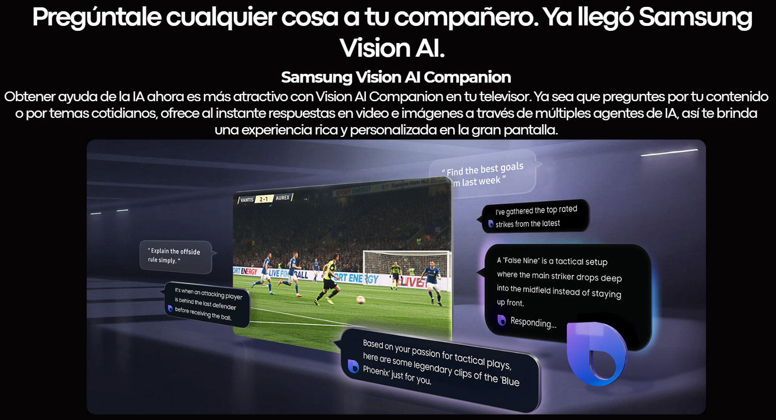 Infografía explicativa del televisor Samsung UN75M70HAPXPA sobre las funciones de Samsung Vision AI Companion con ejemplos de respuestas e interfaz en pantalla.
