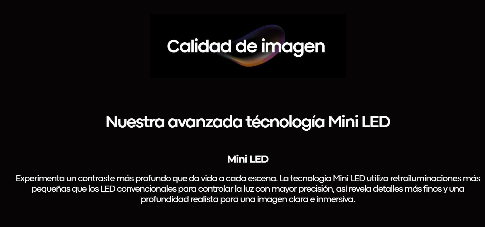 Banner explicativo sobre la calidad de imagen y la avanzada tecnología Mini LED del televisor Samsung UN75M70HAPXPA.