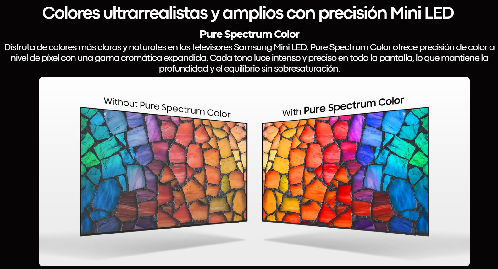 Gráfico comparativo del televisor Samsung UN75M70HAPXPA que muestra la diferencia en la intensidad de los colores con y sin la tecnología Pure Spectrum Color.