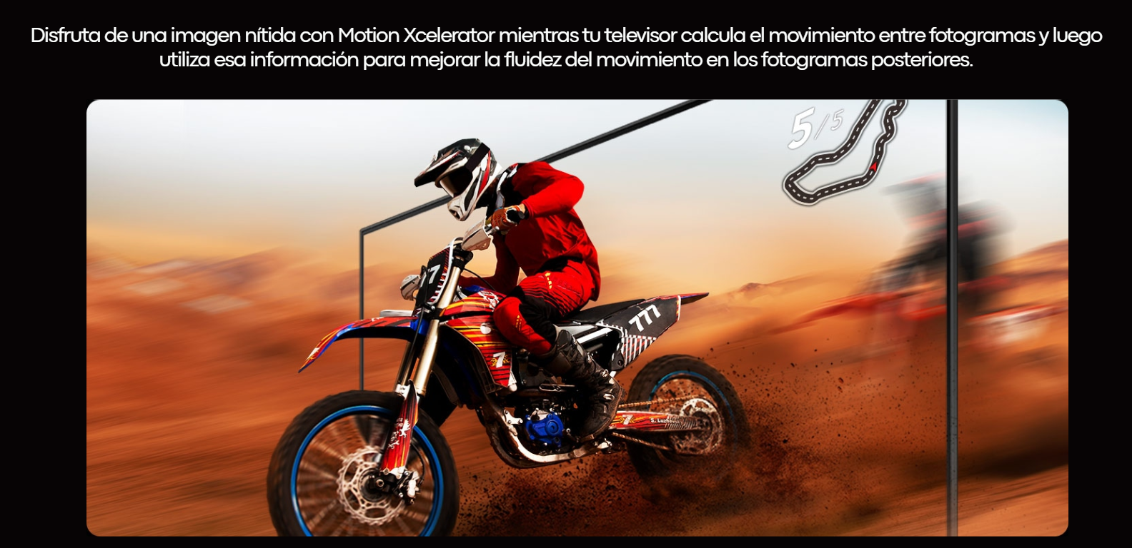 Infografía de la tecnología Motion Xcelerator en el televisor Samsung UN75M70HAPXPA mostrando una escena nítida de motocross en comparación con un fondo borroso.