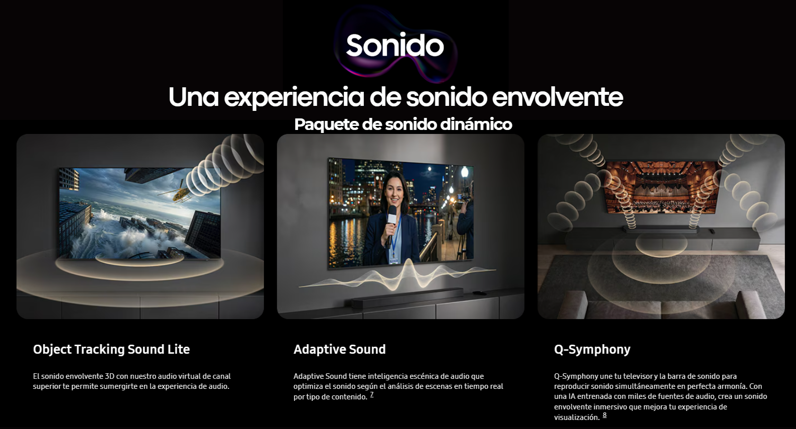 Infografía del paquete de sonido dinámico del televisor Samsung UN75M70HAPXPA detallando las funciones Object Tracking Sound Lite, Adaptive Sound y Q-Symphony con diagramas de ondas de audio.