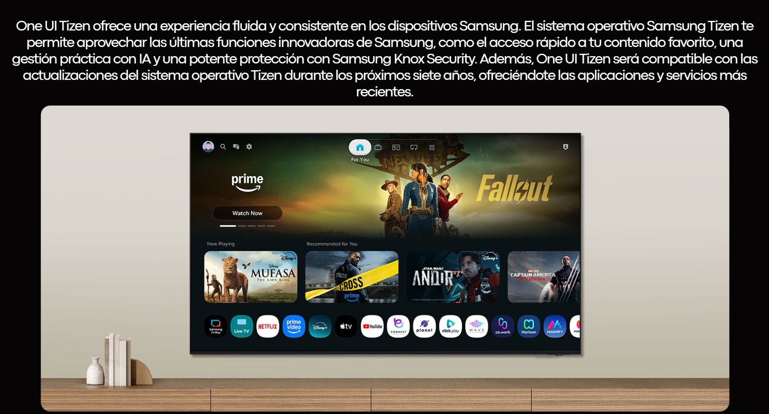 Interfaz del sistema operativo One UI Tizen en el televisor Samsung UN75M70HAPXPA mostrando el menú principal con aplicaciones como Prime Video y Netflix.