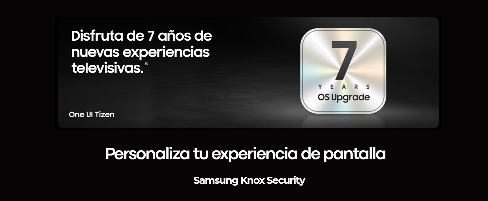 Infografía del televisor Samsung UN75M70HAPXPA destacando los 7 años de actualizaciones del sistema operativo con el logotipo de 7 Years OS Upgrade