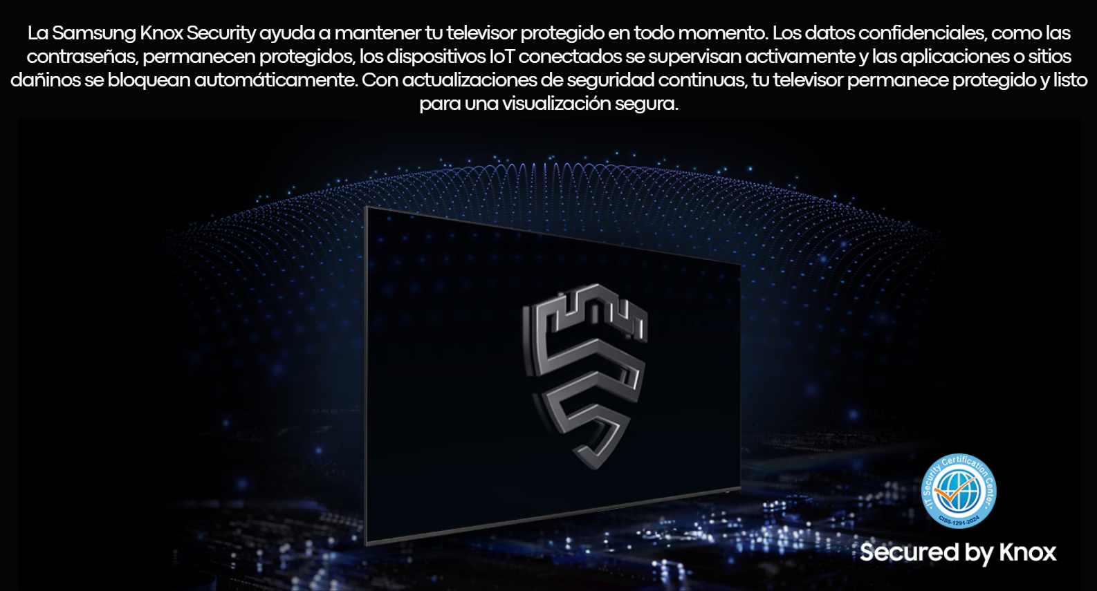 Infografía de seguridad Samsung Knox en el televisor UN75M70HAPXPA mostrando un escudo metálico tridimensional flotando sobre la pantalla para representar la protección de datos.