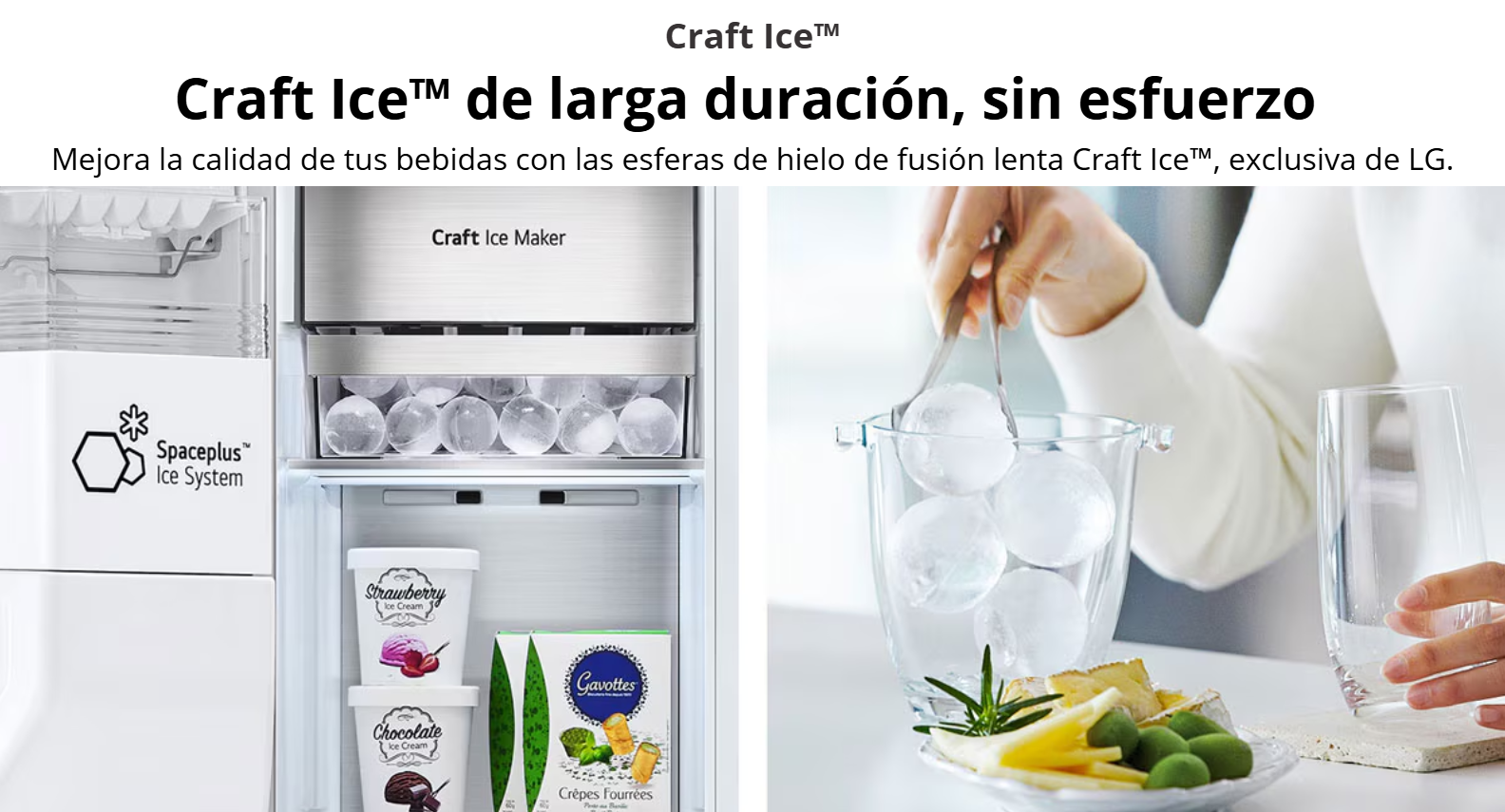 Infografía de la refrigeradora LG VS25XHWCB mostrando el fabricador Craft Ice Maker y esferas de hielo en un vaso.