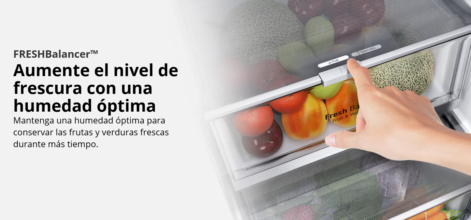 Infografía de la tecnología FRESHBalancer en la refrigeradora LG VS25XHWCB mostrando una mano ajustando el interruptor del cajón de frutas y verduras.