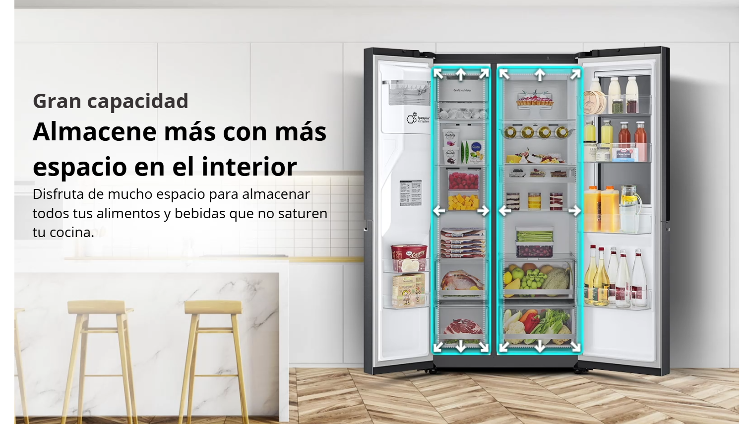 Banner publicitario de la refrigeradora LG VS25XHWCB abierta y llena de alimentos, con recuadros turquesas que señalan la gran capacidad interior.