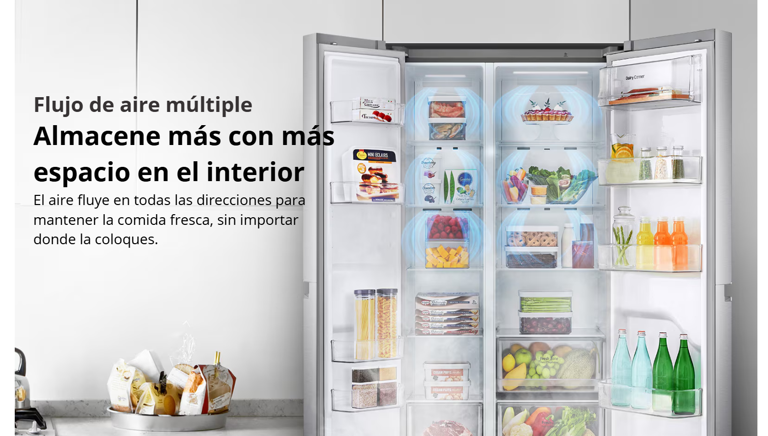Banner informativo del sistema Multi Air Flow en la refrigeradora LG VS25XHWCB mostrando ondas gráficas de aire frío en los estantes.