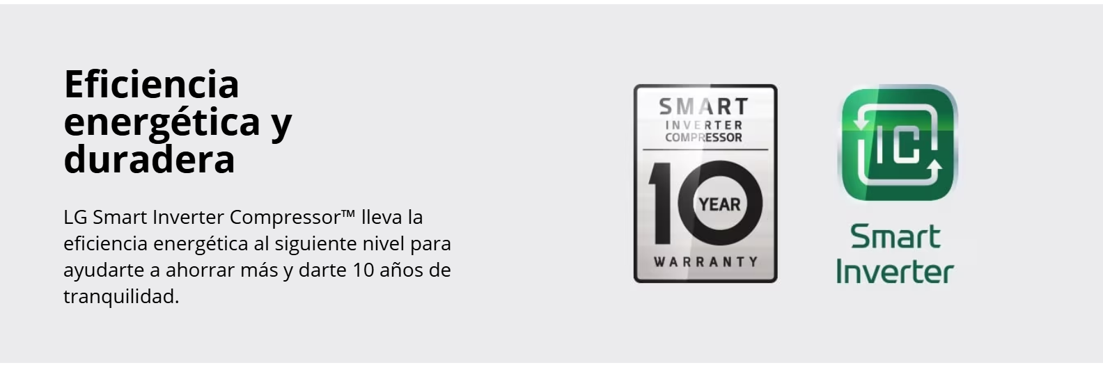 Banner informativo del motor LG Smart Inverter Compressor con sello de 10 años de garantía.