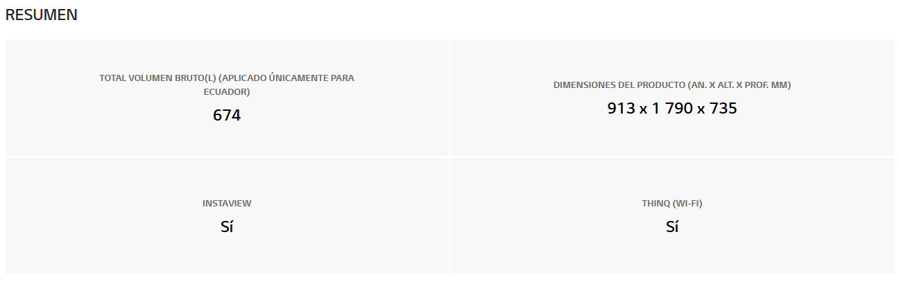 Tabla de resumen técnico de la refrigeradora LG VS25XHWCB mostrando volumen de 674 litros, dimensiones de 913 por 1790 por 735 milímetros, panel InstaView y conectividad ThinQ.