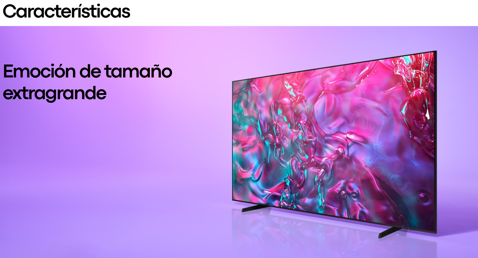 Banner de Samsung con el texto "Emoción de tamaño extragrande" mostrando el televisor inteligente de 98 pulgadas sobre un fondo lavanda.