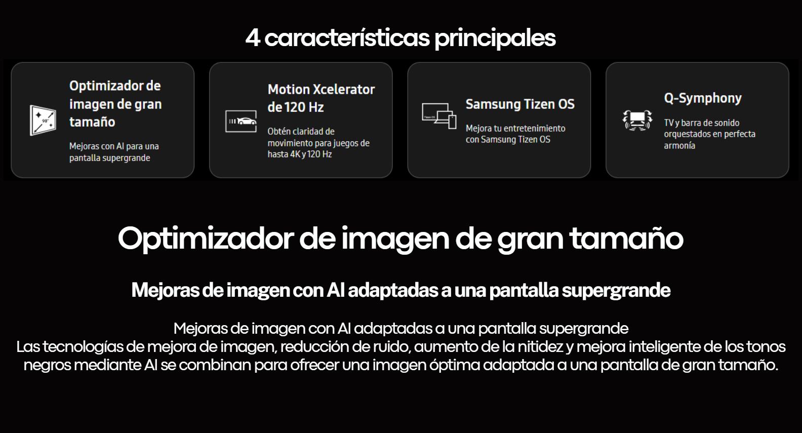 Infografía con las "4 características principales" del televisor Samsung UN98DU9000PXPA detallando el Optimizador de imagen de gran tamaño, Motion Xcelerator de 120 Hz, Samsung Tizen OS y Q-Symphony.