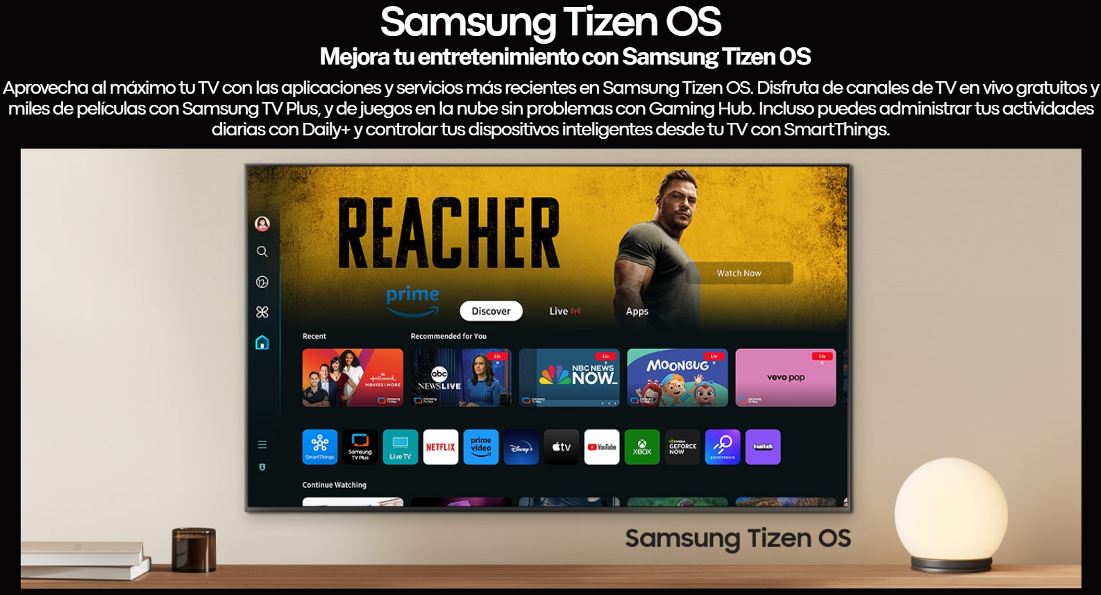 Banner del sistema operativo Samsung Tizen OS en el televisor UN98DU9000PXPA mostrando la interfaz de usuario inteligente con aplicaciones como Netflix y Prime Video.