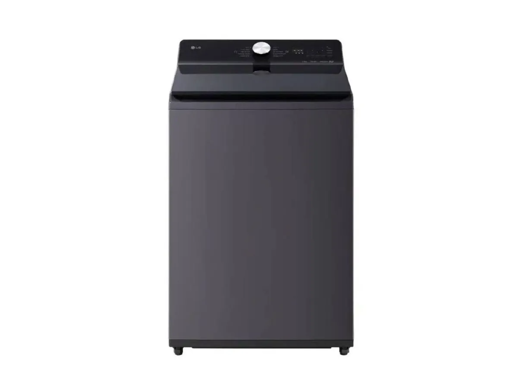 Lavadora de carga superior LG de 23 kg modelo WT23EGTX6 en color gris oscuro vista de frente.