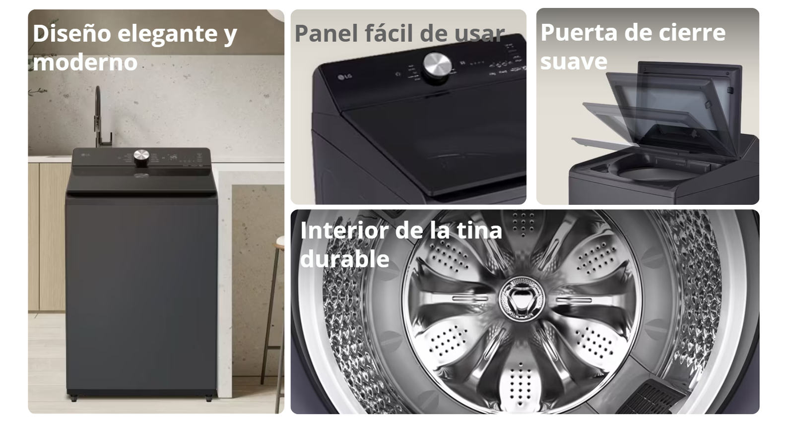 Collage de diseño panel cierre suave e interior de lavadora LG WT20OBTX6T