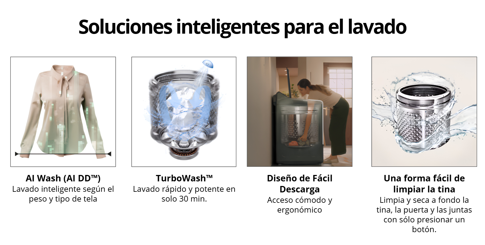 Infografía de la lavadora LG de 23 kg modelo WT23EGTX6 que destaca las funciones AI Wash, TurboWash, diseño de fácil descarga y sistema de limpieza de tina.