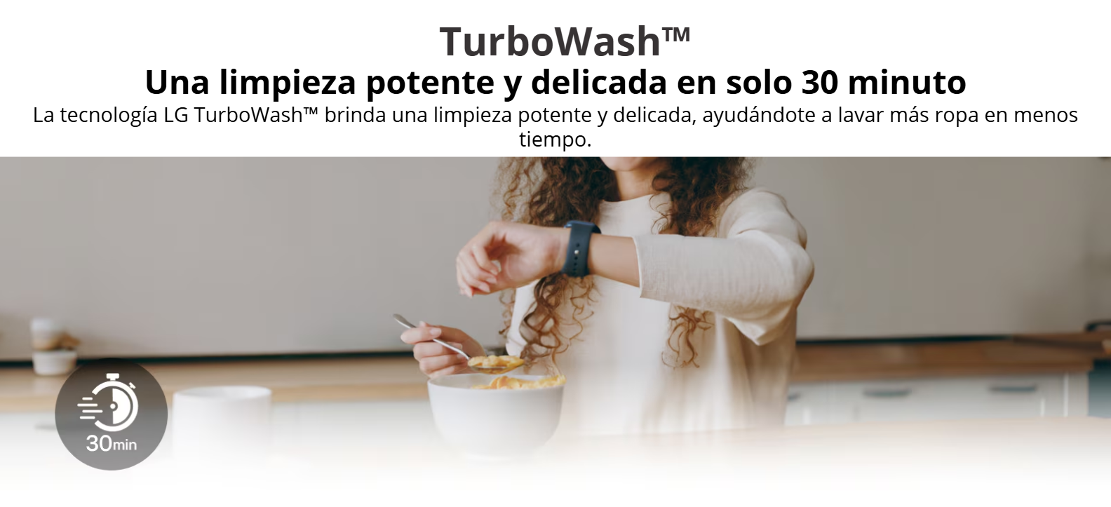 Banner promocional de la lavadora LG de 23 kg modelo WT23EGTX6 que destaca la tecnología TurboWash para un lavado potente en 30 minutos.