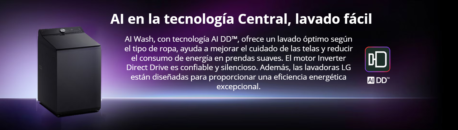 Banner publicitario con fondo morado oscuro que explica los beneficios del motor Inverter Direct Drive y la tecnología AI DD de la lavadora LG de 23 kg modelo WT23EGTX6.