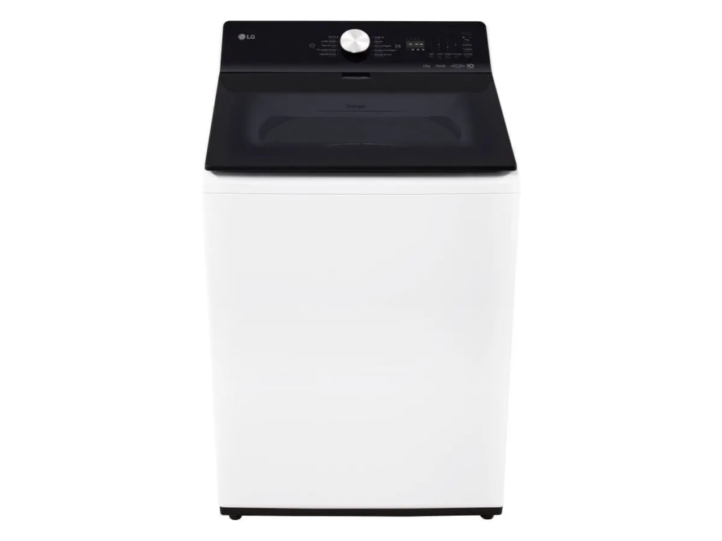 Lavadora de carga superior LG WT22EWTX6 blanca con tapa de vidrio negro cerrada vista angular