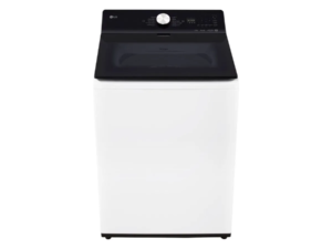 Lavadora de carga superior LG WT22EWTX6 blanca con tapa de vidrio negro cerrada vista angular