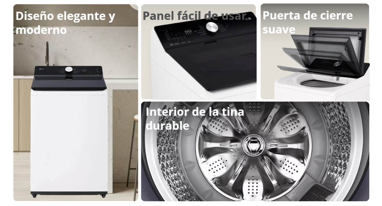 Infografía de características de diseño de la lavadora LG WT22EWTX6 mostrando el panel, la puerta de cierre suave y la tina duradera