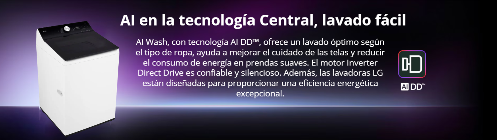 Banner publicitario de la lavadora inteligente LG WT22EWTX6 blanca destacando el sistema AI Wash y motor Inverter Direct Drive